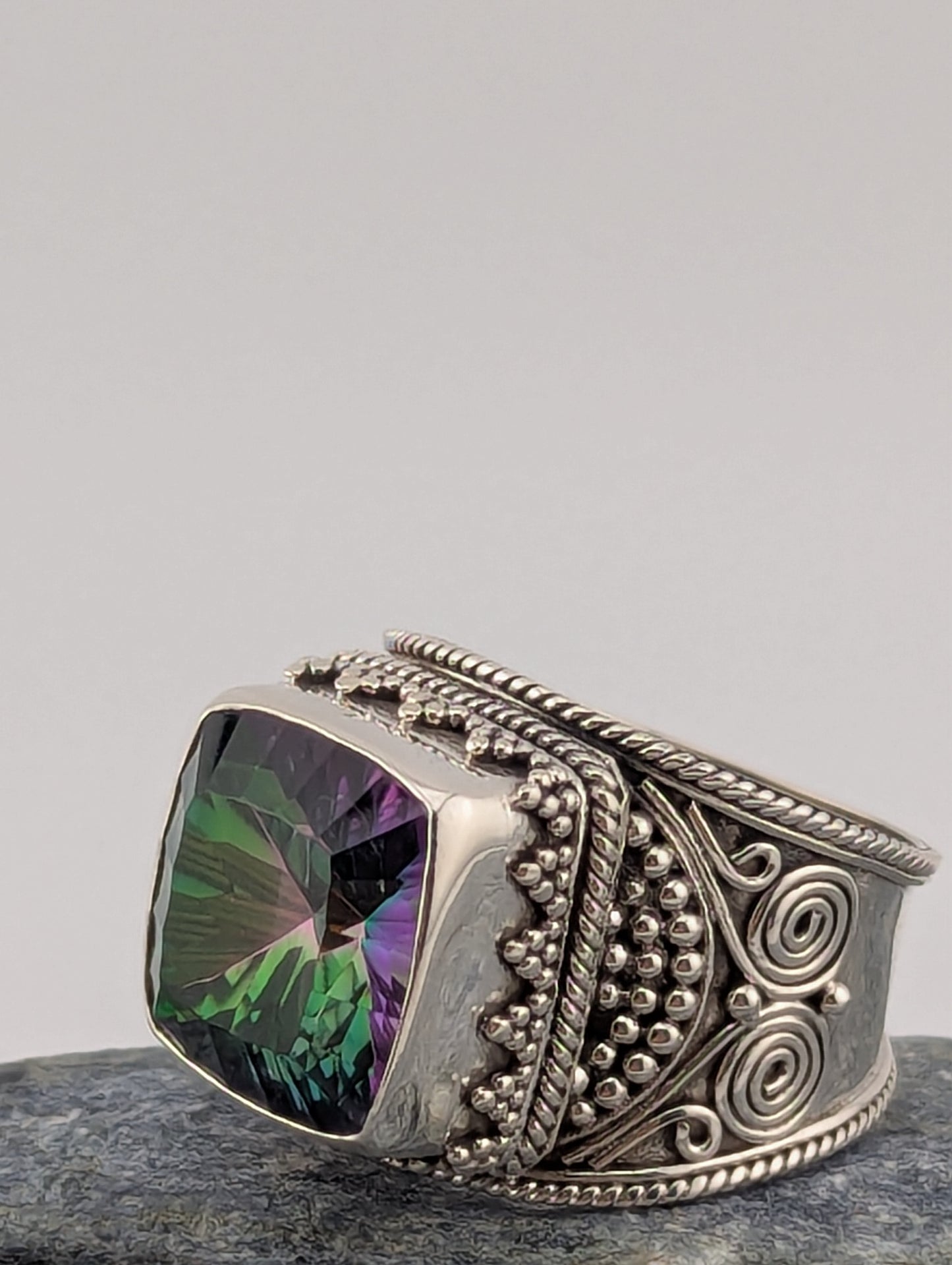Large Square Mystic Topaz Cigar Style Ring