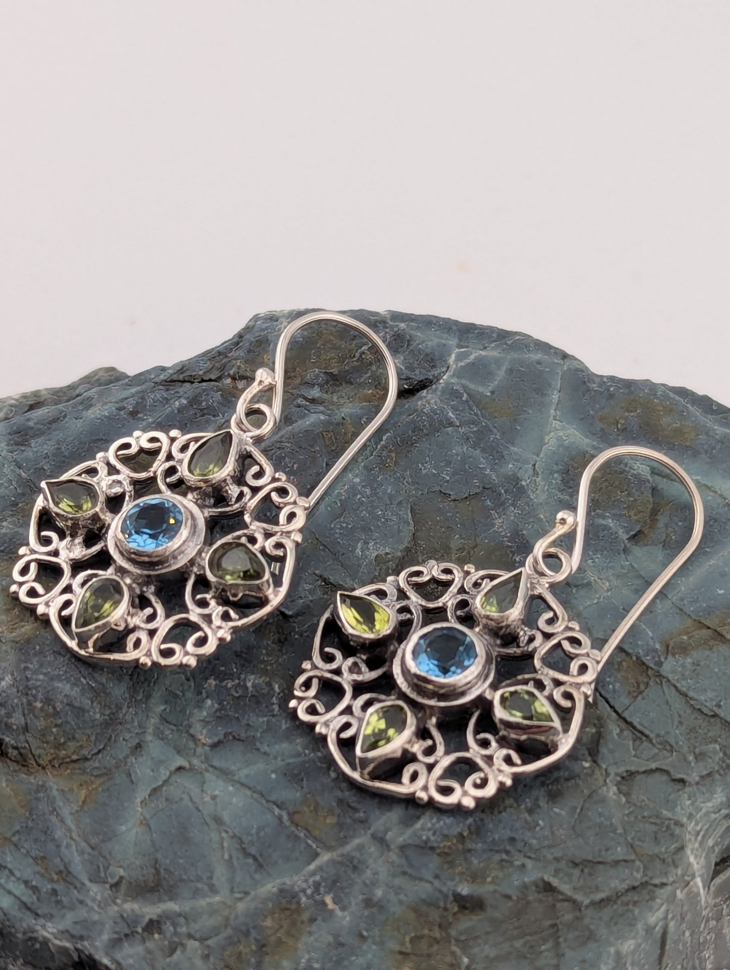 Blue Topaz and Peridot Round Filigree Earrings