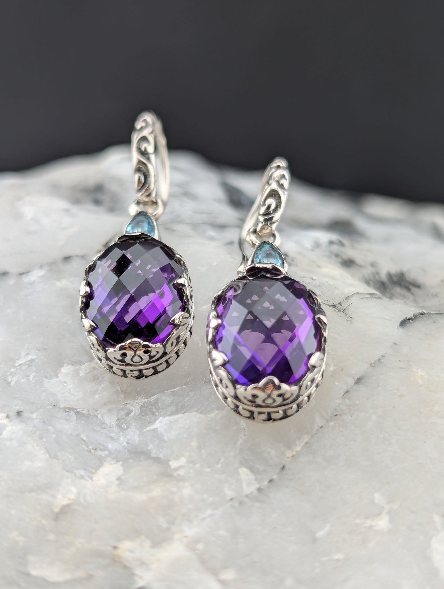 Large Amethyst Earrings with Blue Topaz