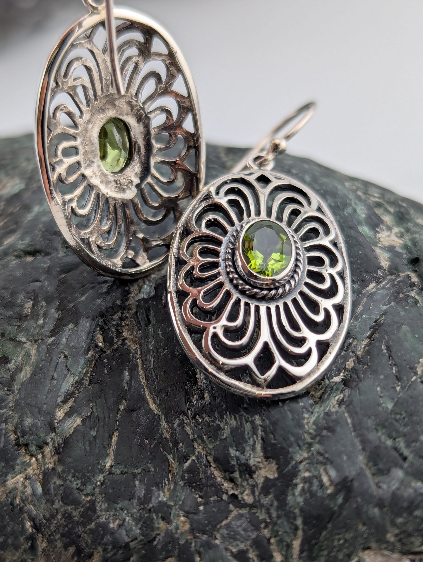 Large oval sterling silver with peridot earrings