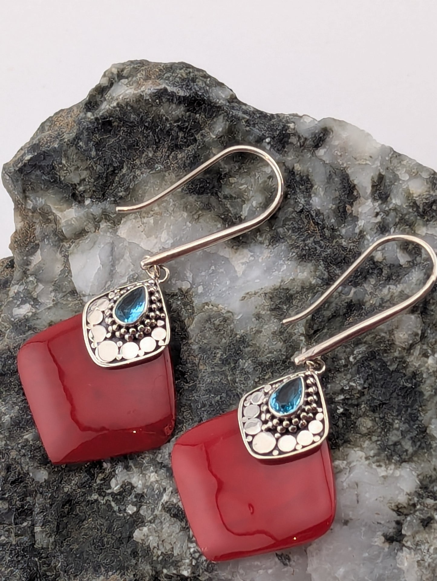 Red Coral and Blue Topaz Earrings