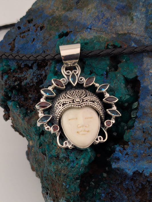 Hand Carved Face with Natural Gemstone Headdress Necklace