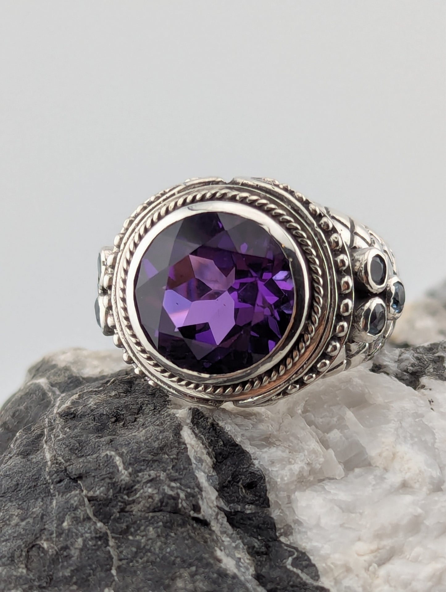 Large Round Amethyst and Blue Topaz Ring
