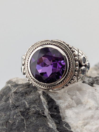 Large Round Amethyst and Blue Topaz Ring