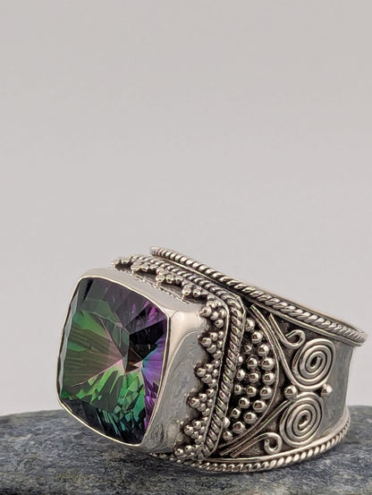 Large Square Mystic Topaz Cigar Style Ring