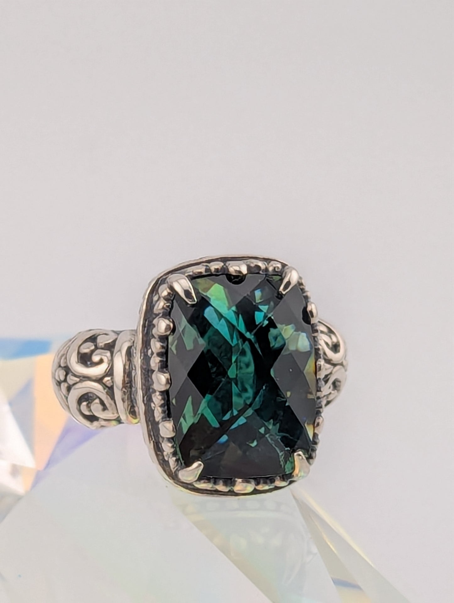 Large Checkerboard Cut Dark Green Prasiolite Ring