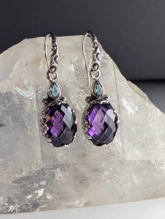Large Amethyst Earrings with Blue Topaz