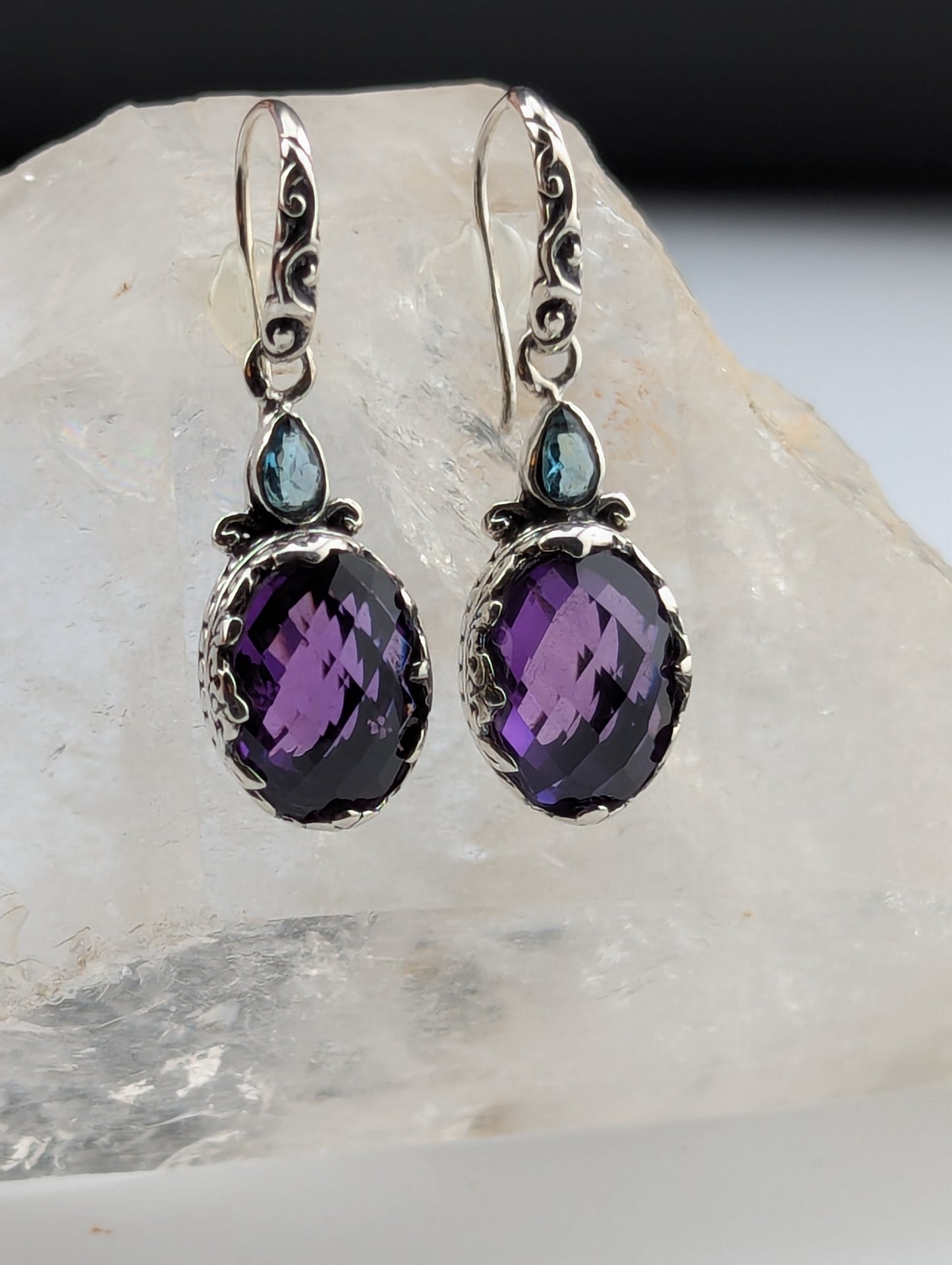 Large Amethyst Earrings with Blue Topaz