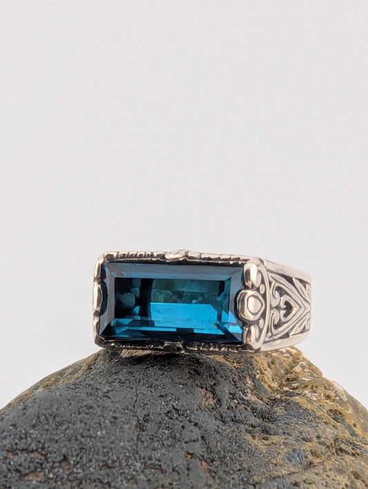 London Blue Topaz Elongated Emerald Cut Ring