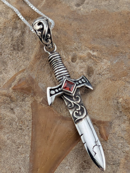 Sterling Silver Dagger with Garnet Necklace