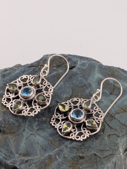 Blue Topaz and Peridot Round Filigree Earrings