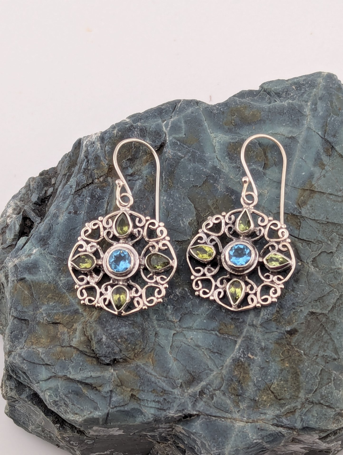 Blue Topaz and Peridot Round Filigree Earrings