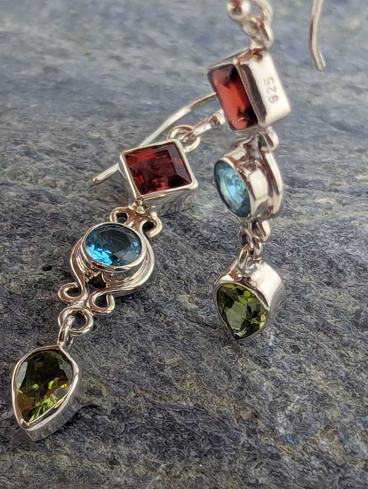 Garnet, topaz and peridot drop earrings