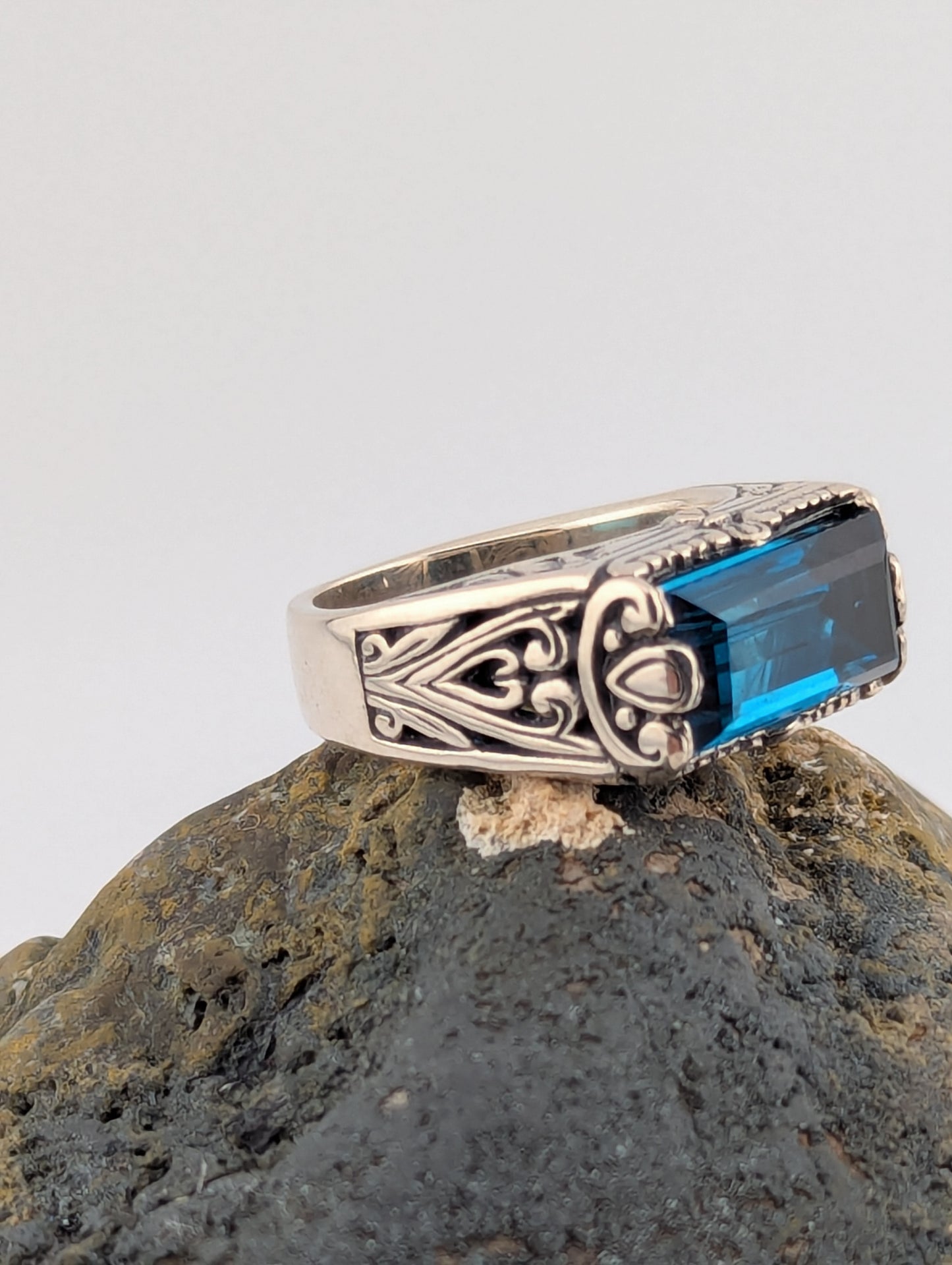 London Blue Topaz Elongated Emerald Cut Ring