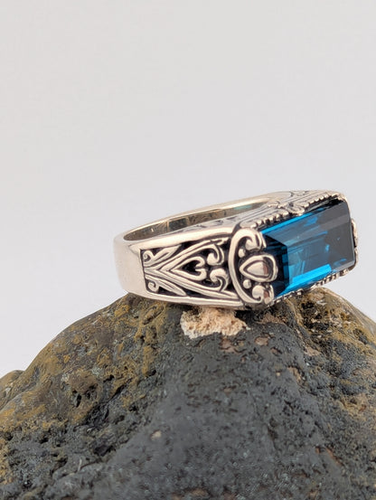 London Blue Topaz Elongated Emerald Cut Ring