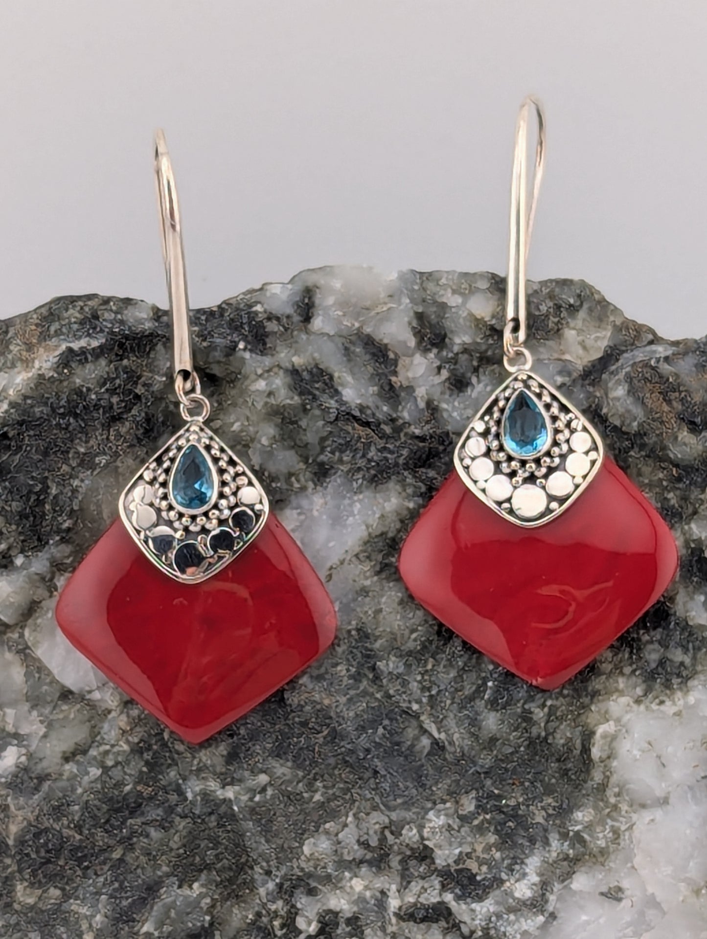 Red Coral and Blue Topaz Earrings
