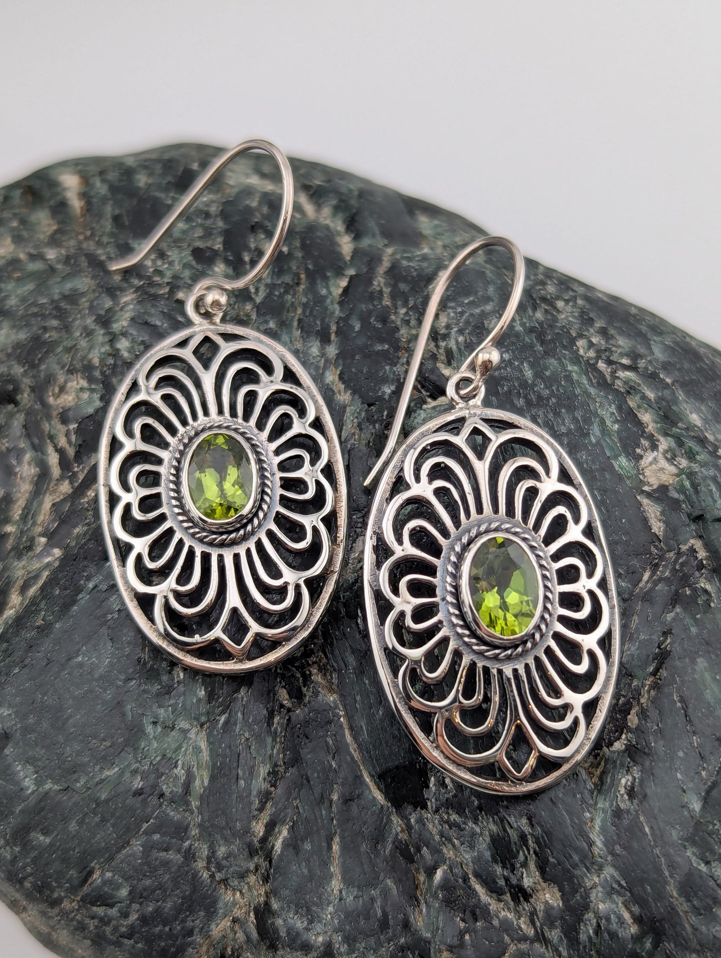 Large oval sterling silver with peridot earrings