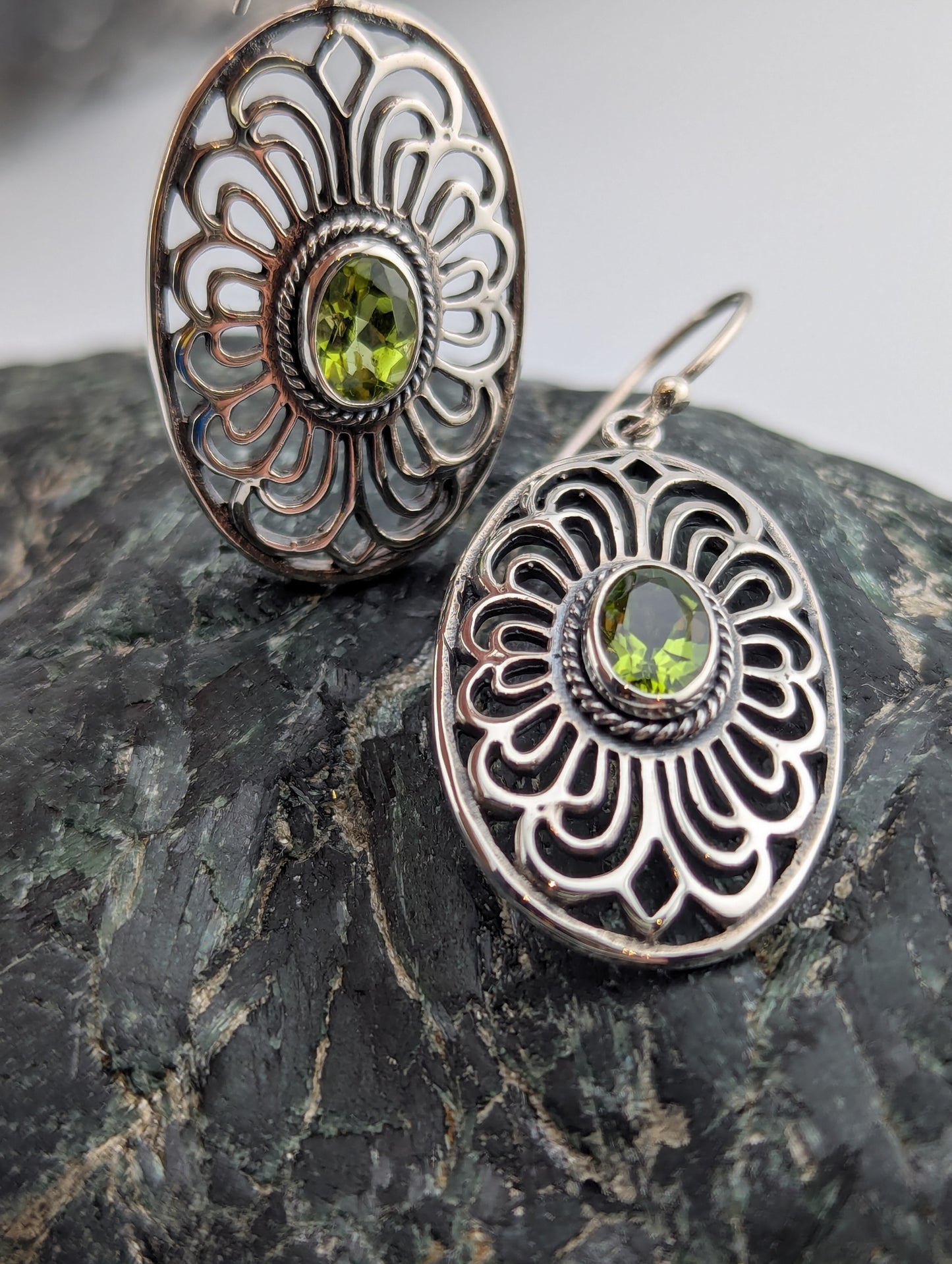 Large oval sterling silver with peridot earrings