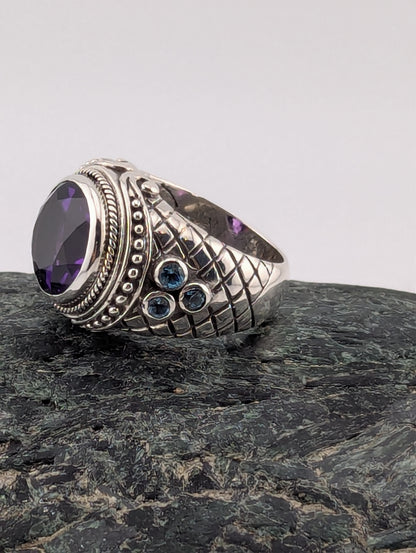 Large Round Amethyst and Blue Topaz Ring