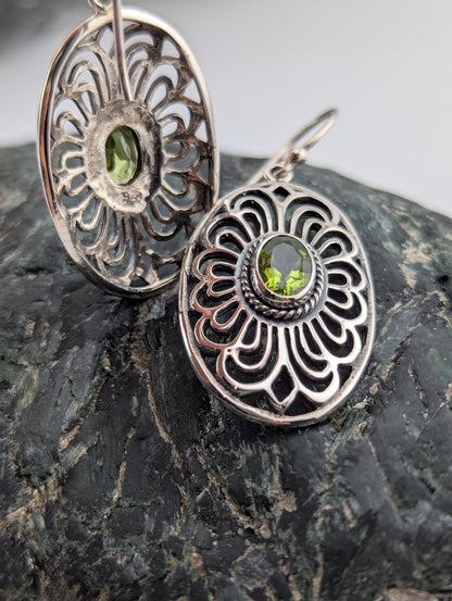Large oval sterling silver with peridot earrings