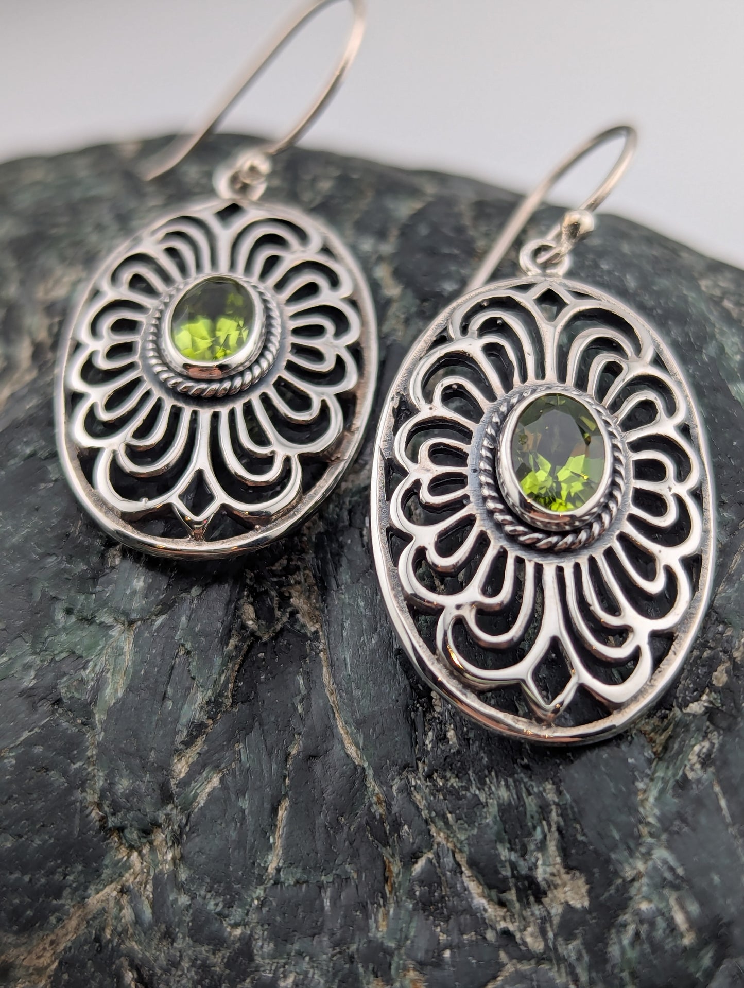 Large oval sterling silver with peridot earrings