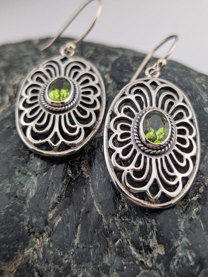 Large oval sterling silver with peridot earrings