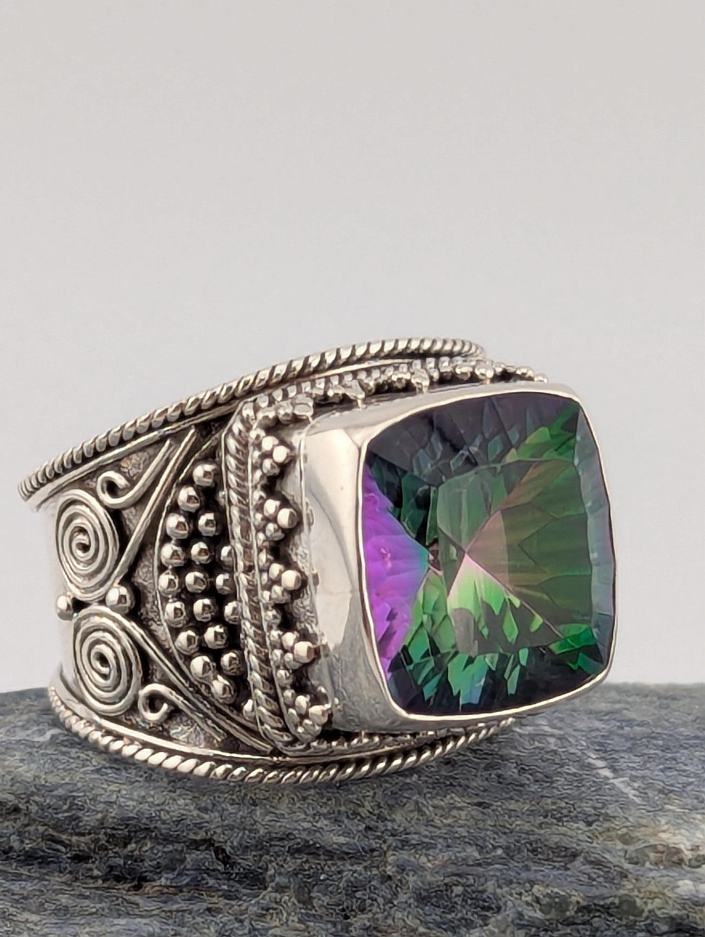 Large Square Mystic Topaz Cigar Style Ring