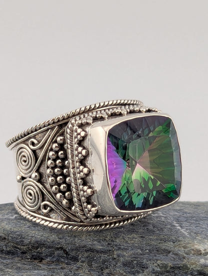 Large Square Mystic Topaz Cigar Style Ring