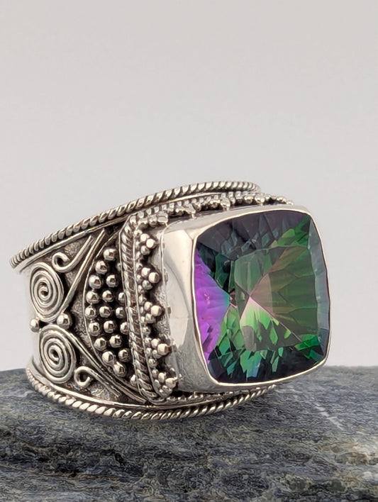 Large Square Mystic Topaz Cigar Style Ring