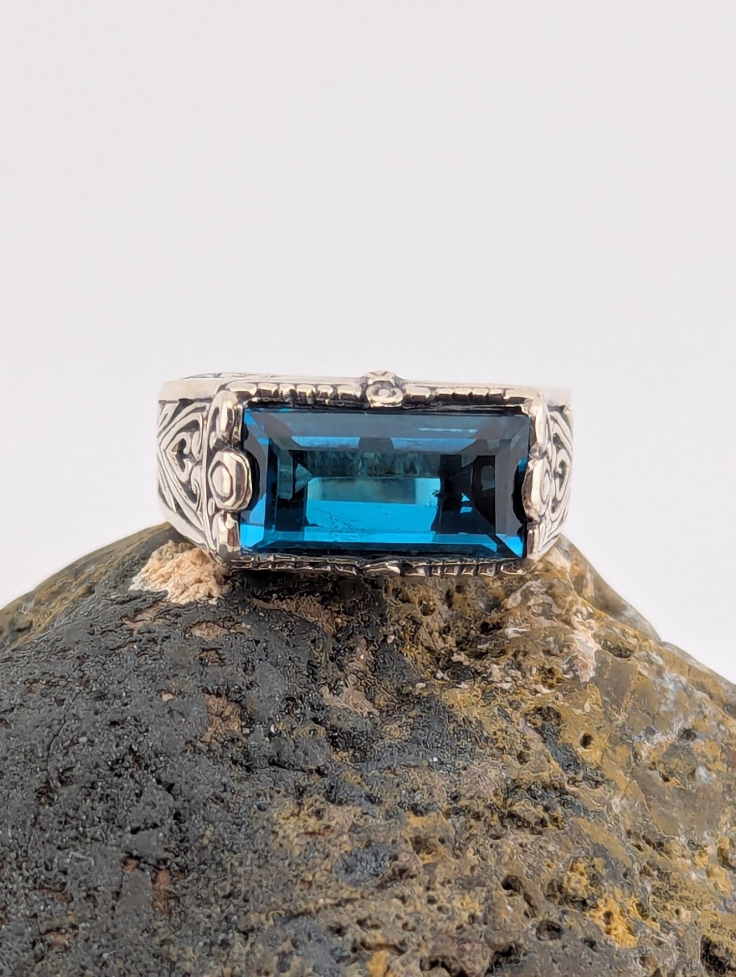 London Blue Topaz Elongated Emerald Cut Ring