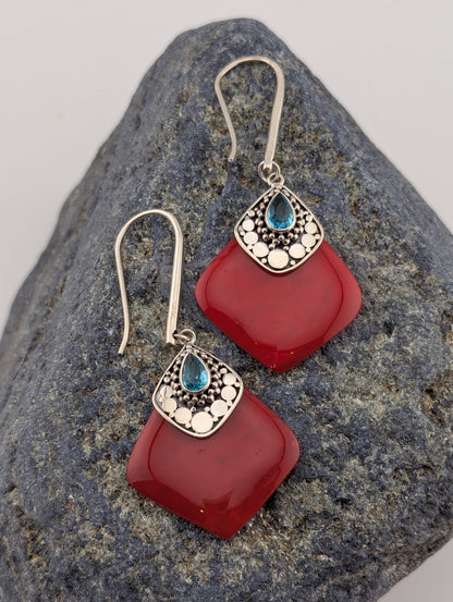Red Coral and Blue Topaz Earrings