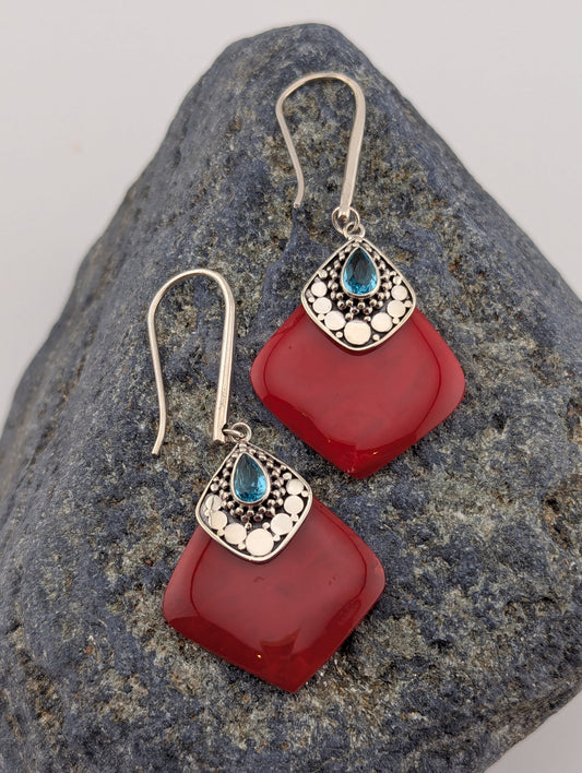 Red Coral and Blue Topaz Earrings