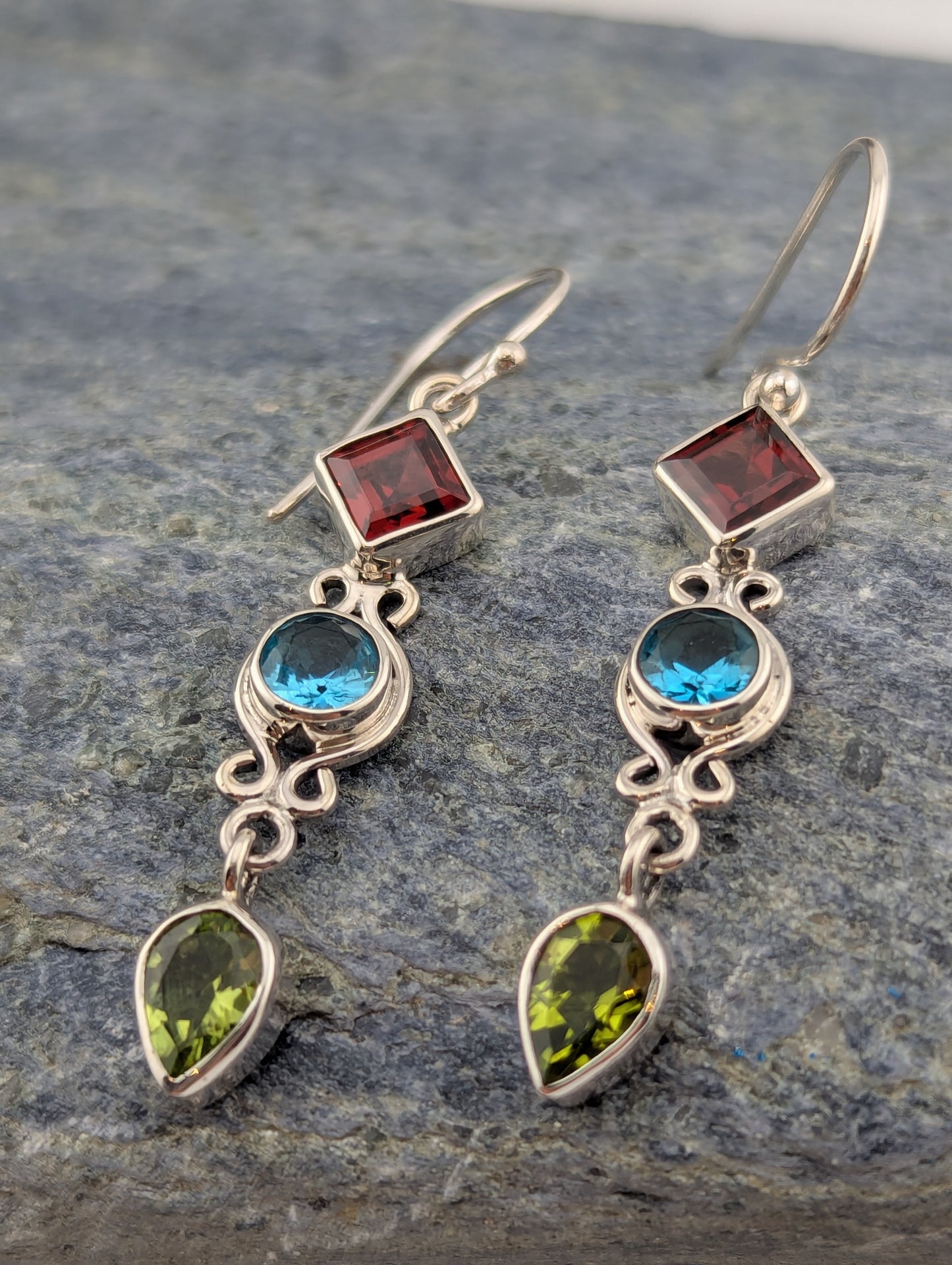 Garnet, topaz and peridot drop earrings
