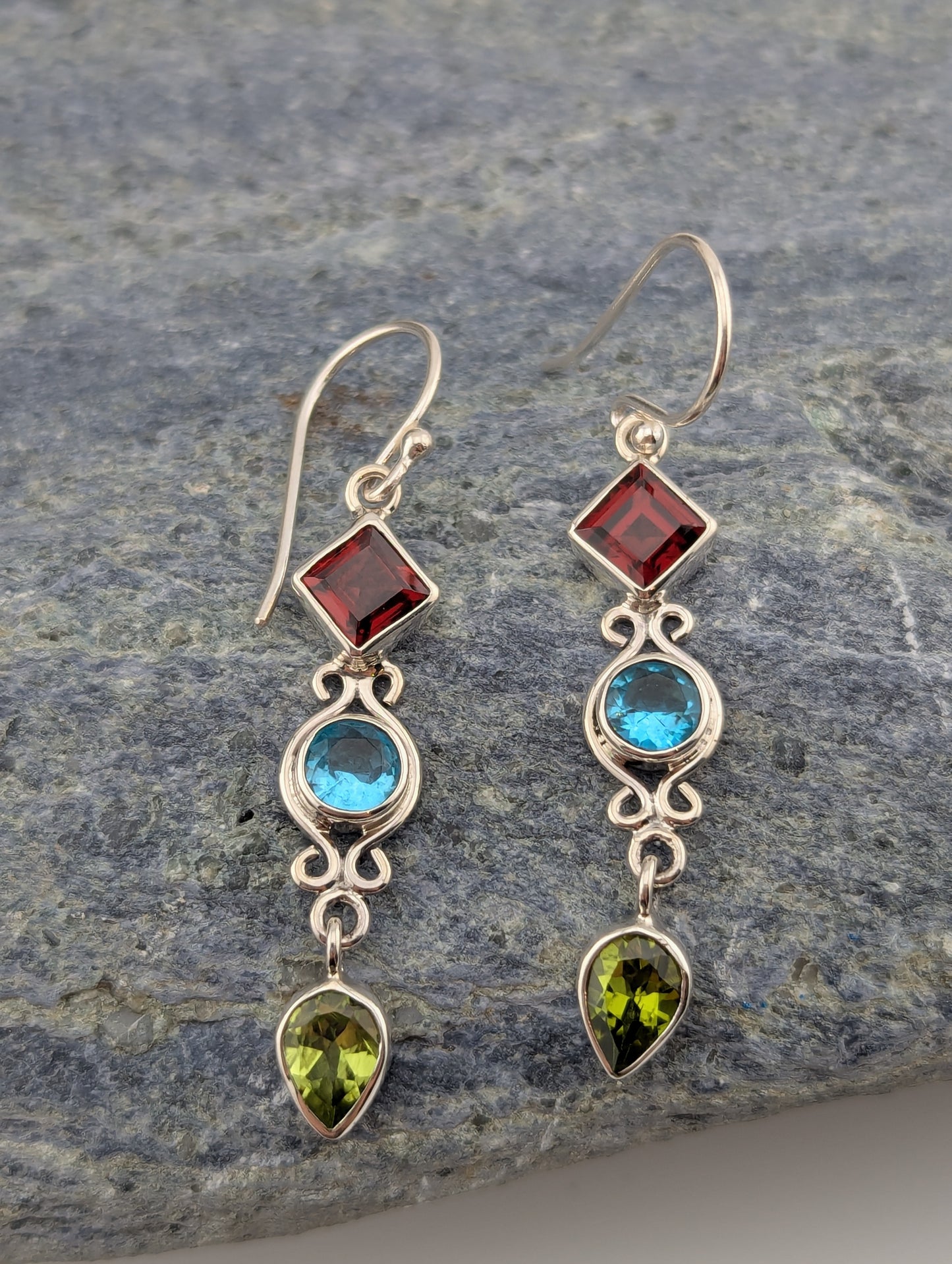 Garnet, topaz and peridot drop earrings