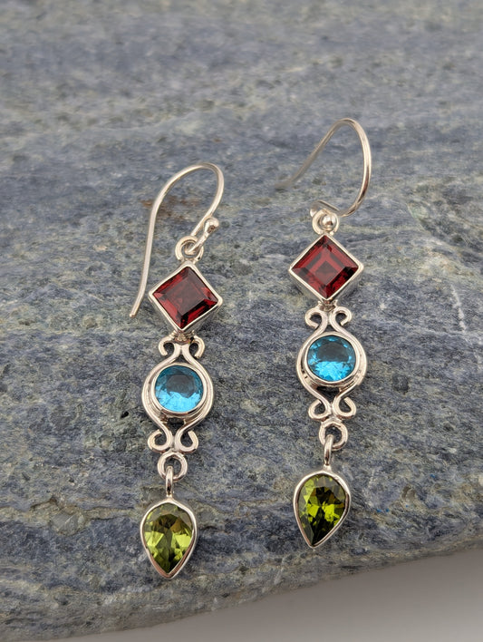Garnet, topaz and peridot drop earrings