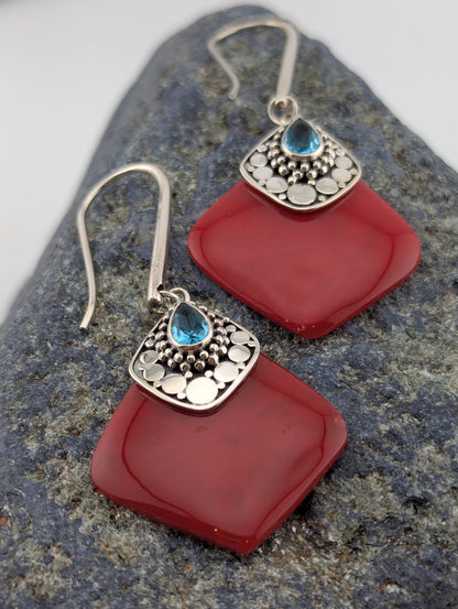 Red Coral and Blue Topaz Earrings