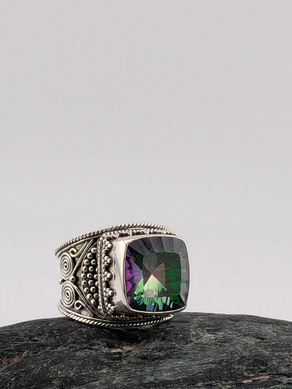 Large Square Mystic Topaz Cigar Style Ring