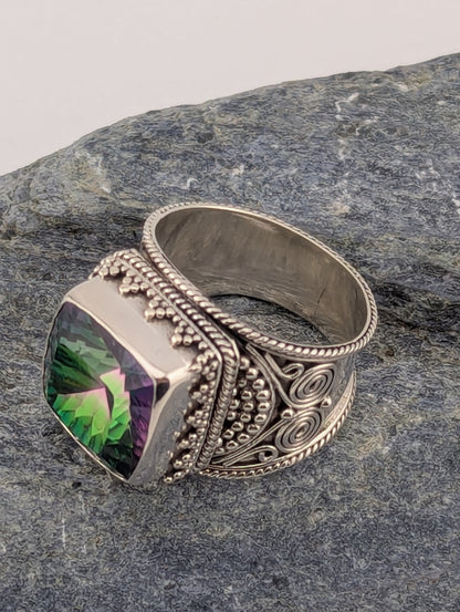 Large Square Mystic Topaz Cigar Style Ring