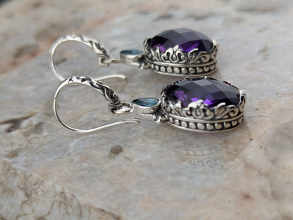 Large Amethyst Earrings with Blue Topaz
