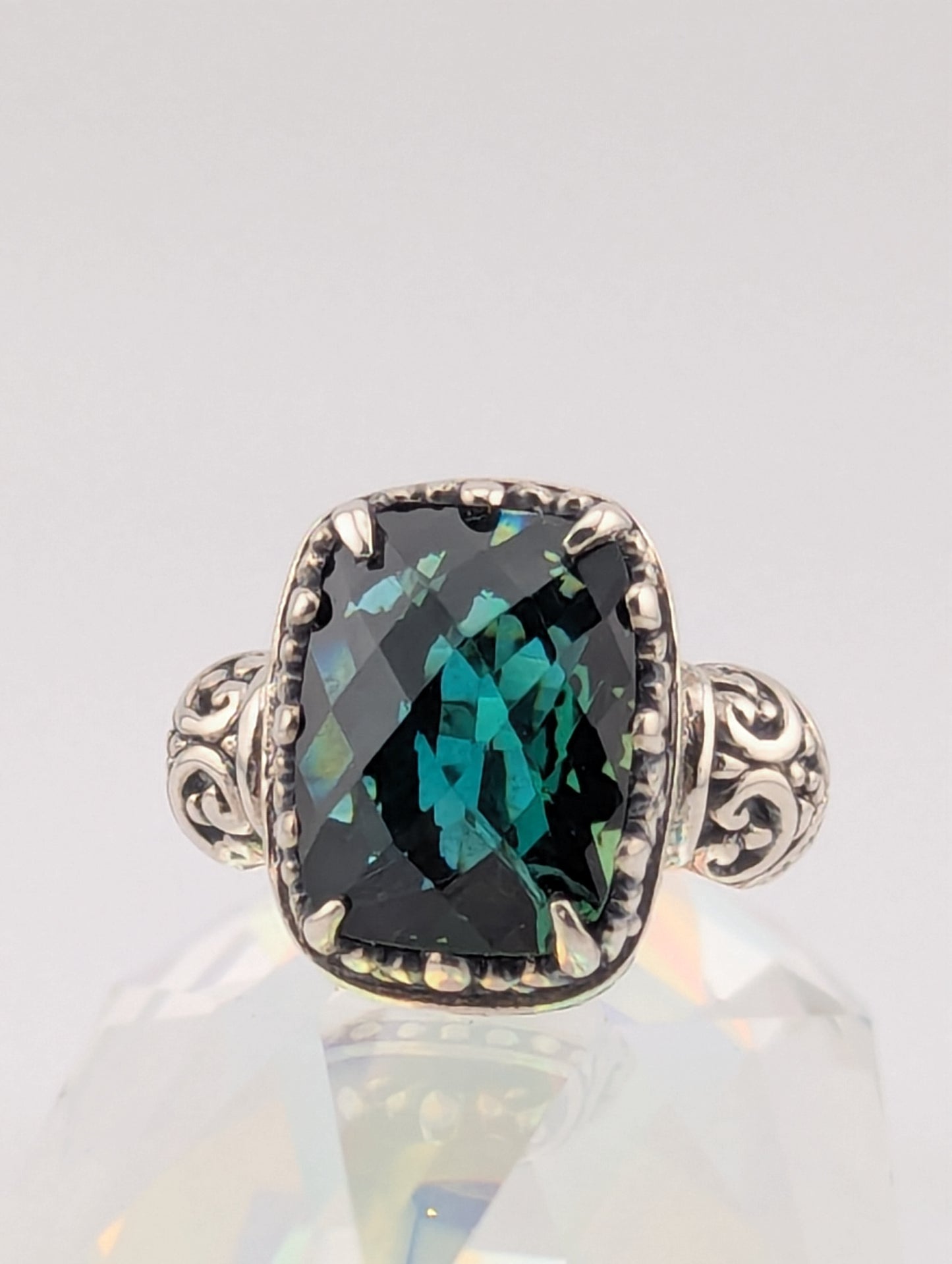 Large Checkerboard Cut Dark Green Prasiolite Ring