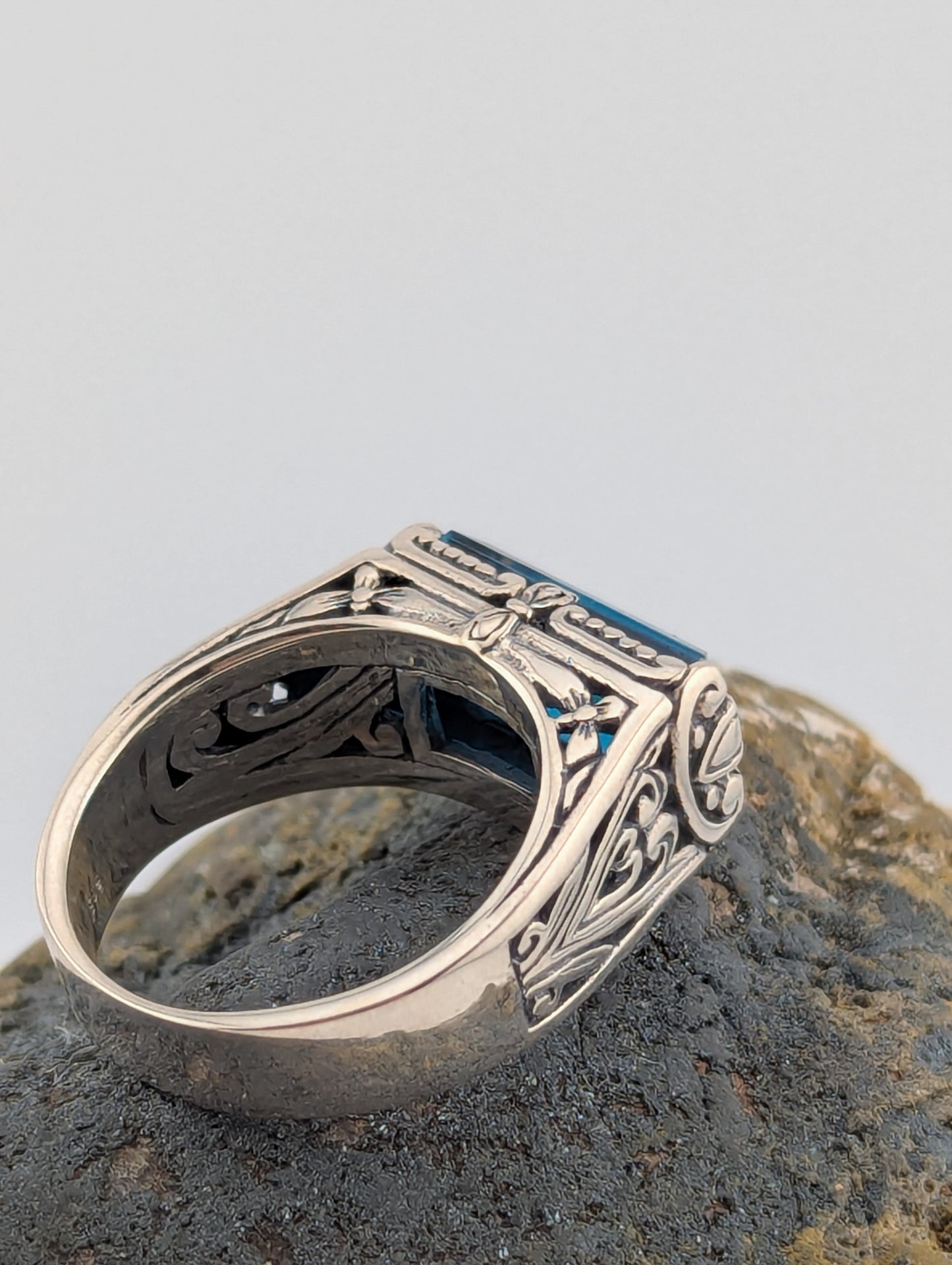 London Blue Topaz Elongated Emerald Cut Ring